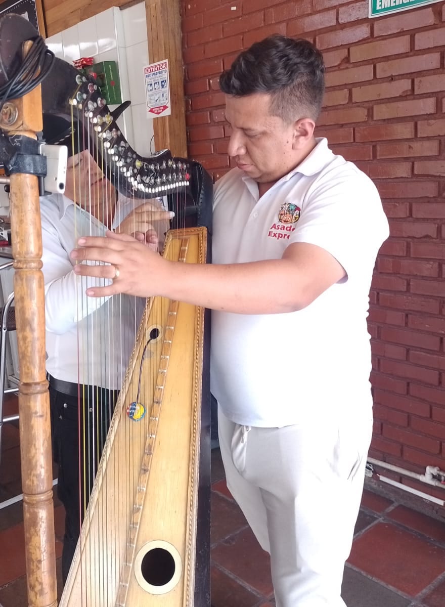 Clase de arpa llanera a domicilio: el maestro enseñando a un alumno